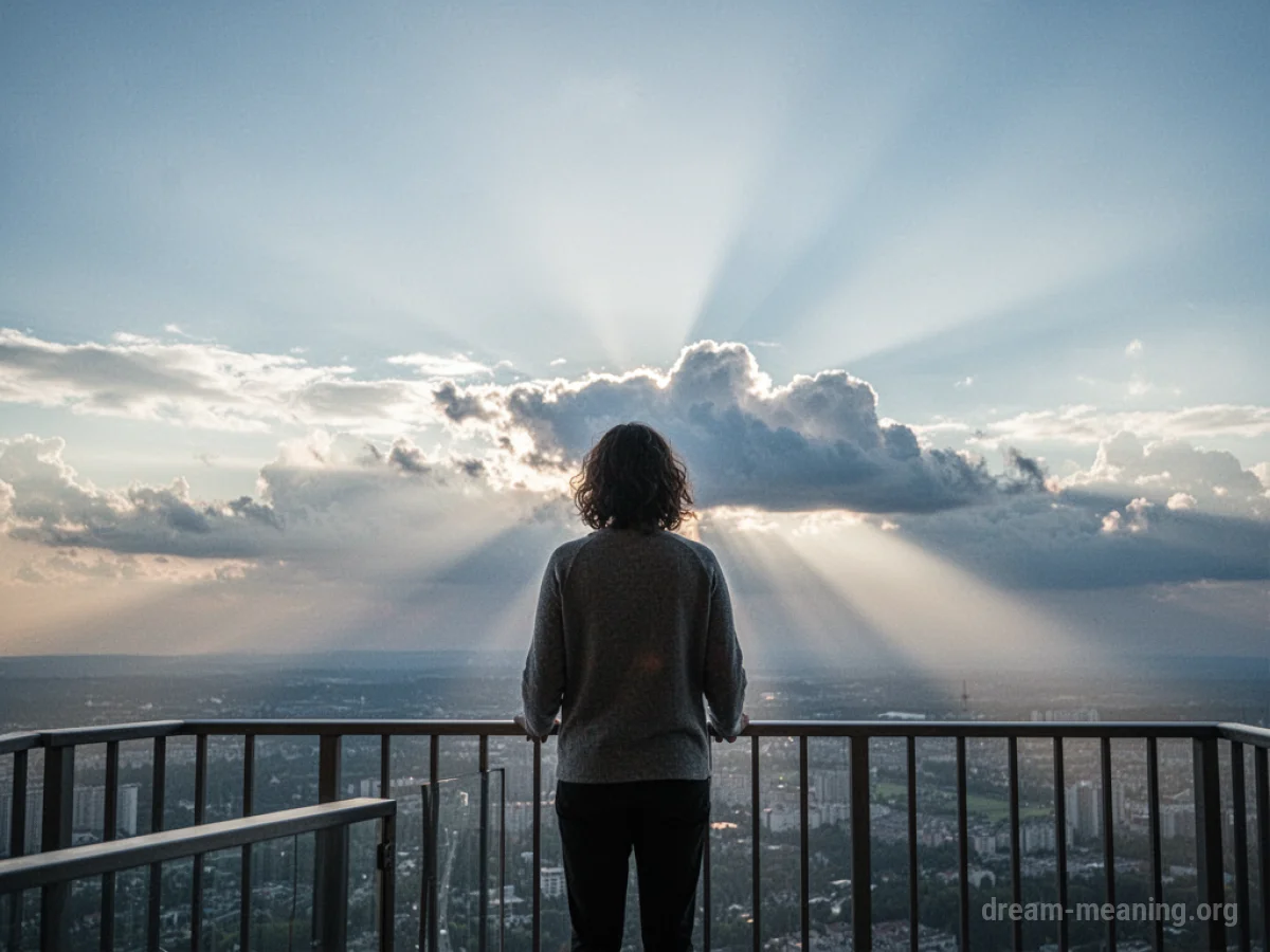 A person stands on a balcony looking out at a wide open sky.