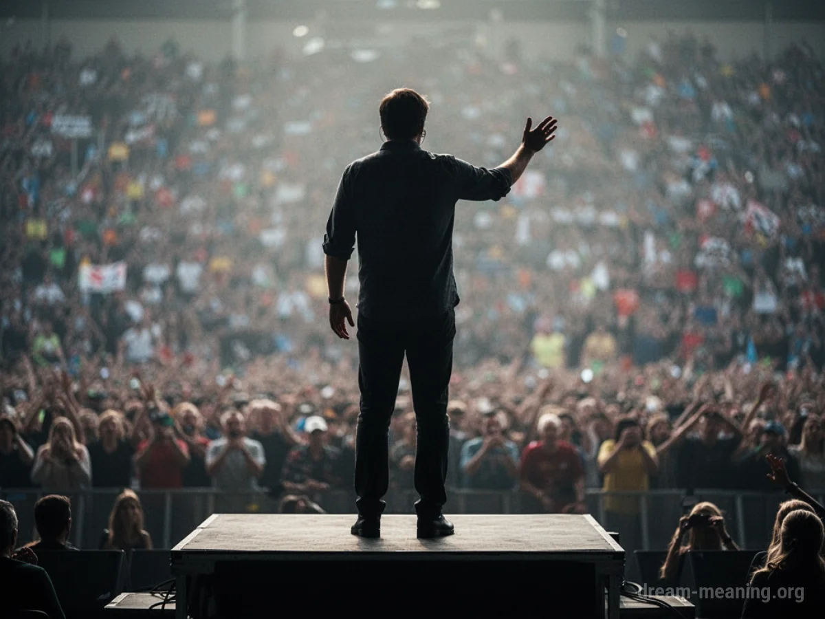 Silhouette of a person gesturing towards a distant crowd.