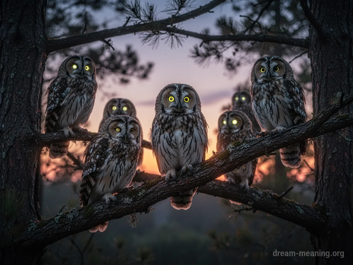 Multiple owls sitting on tree branches.
