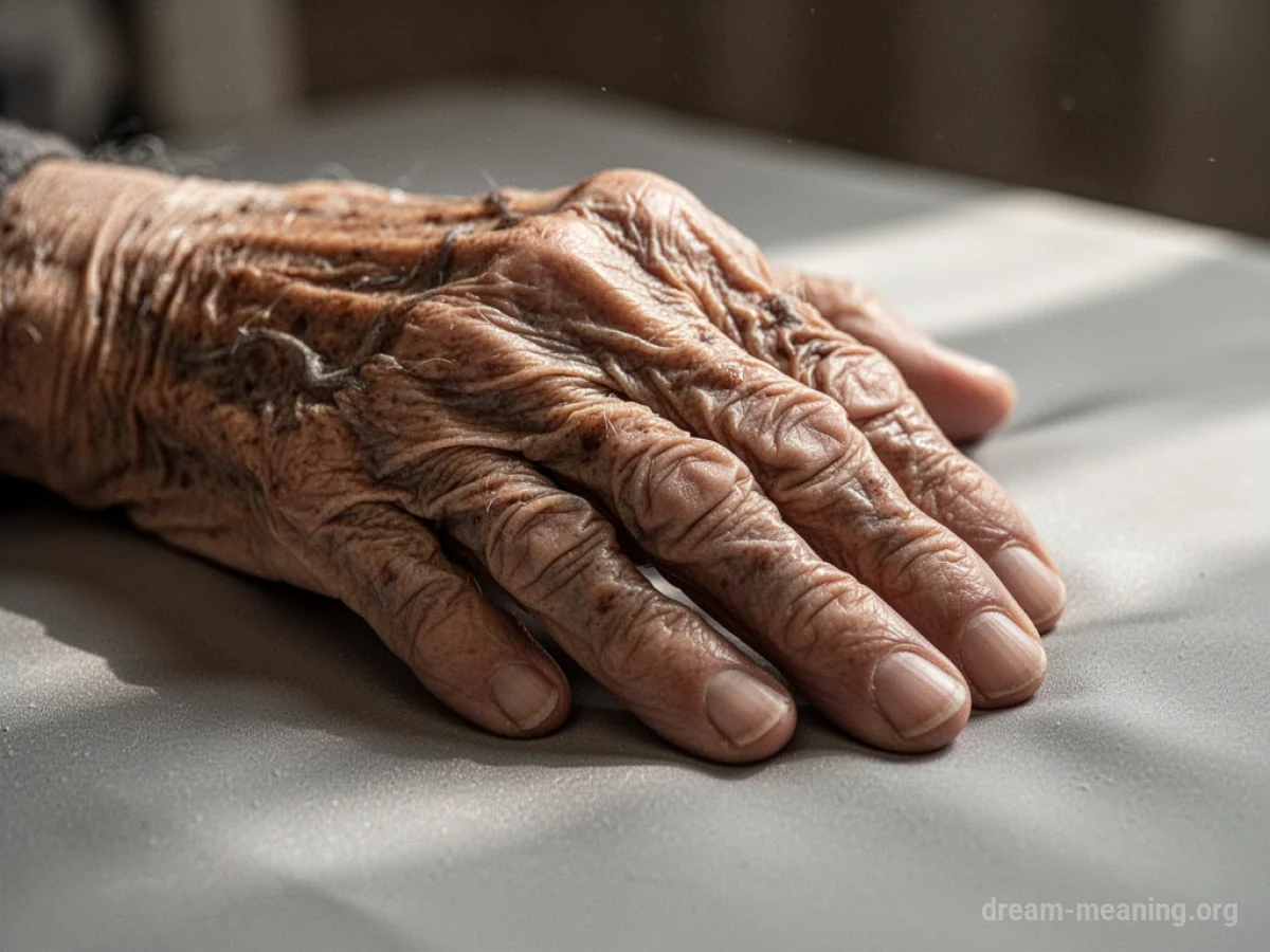 Close-up of a wrinkled hand resting on a smooth surface.
