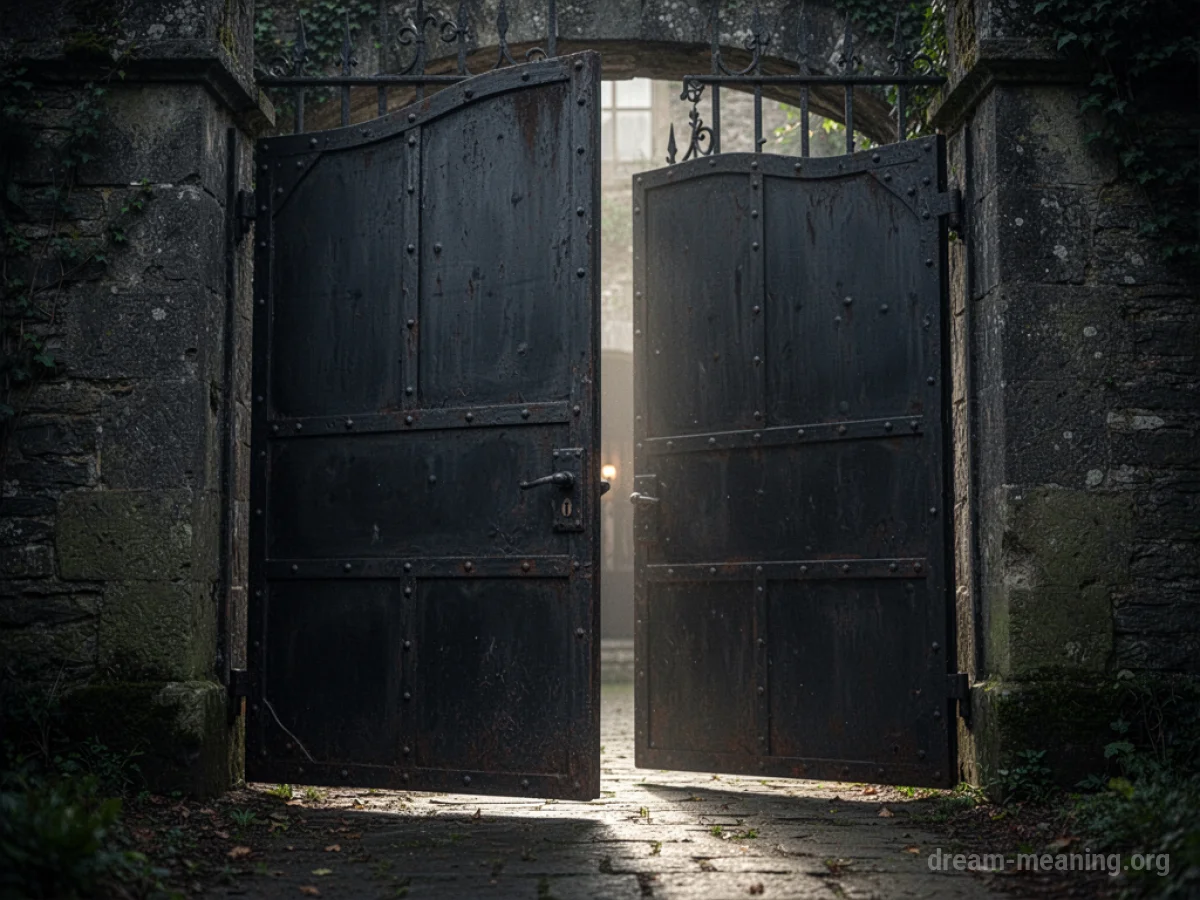 A large, dark metal gate with a slight opening.