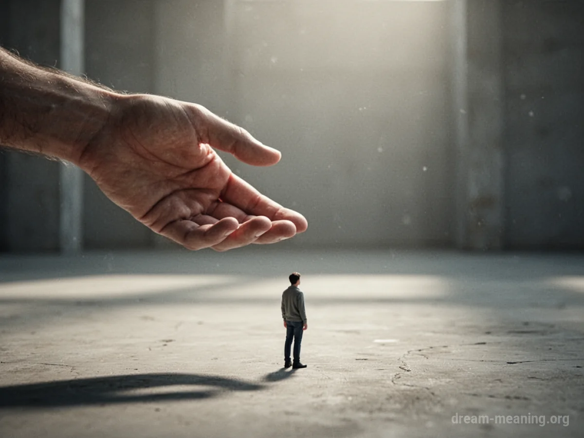 A hand extends towards a lone child figure in a bright, open area.
