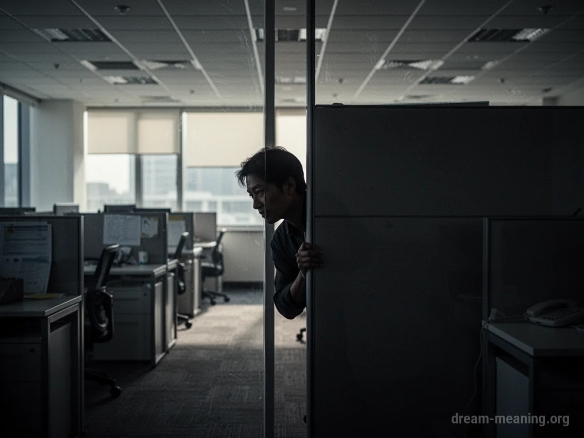 Silhouette of a person hiding behind a cubicle in an office.
