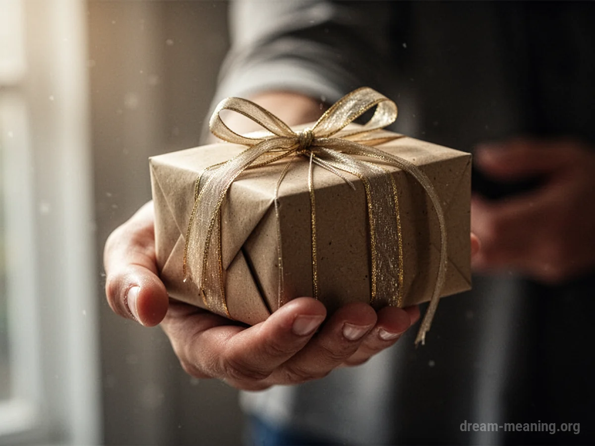 A hand holding a wrapped gift box.