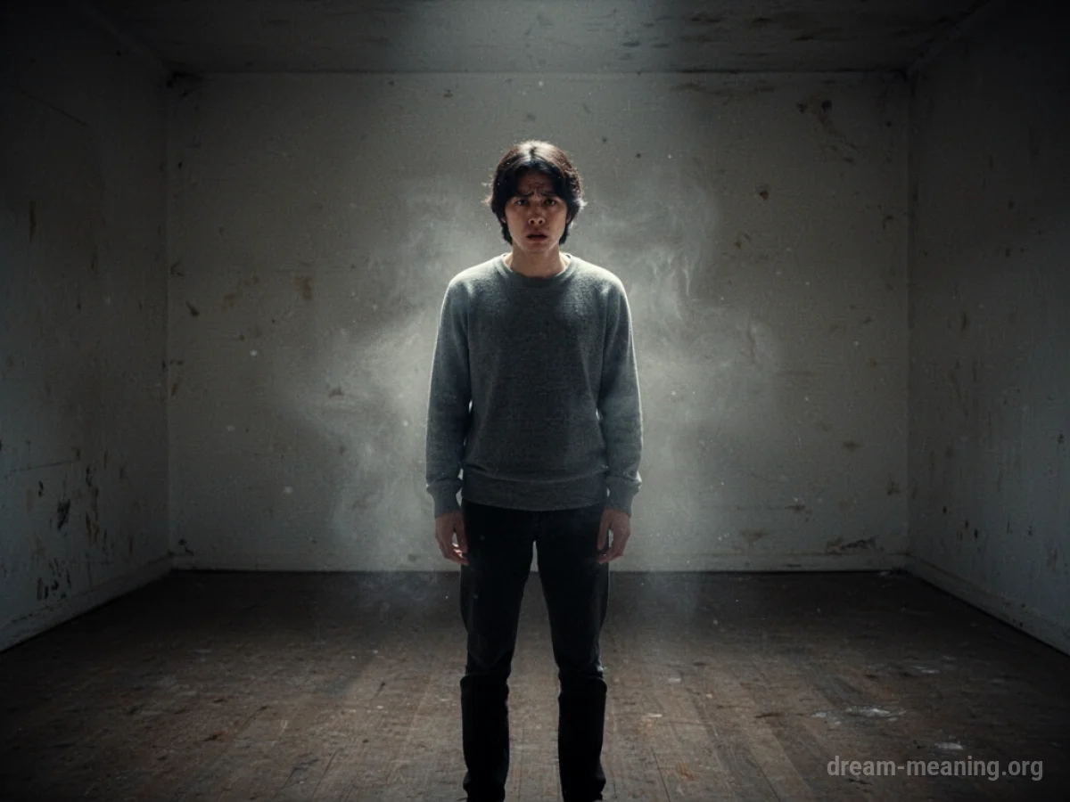 A lone figure in a dark room with a faint light around them.