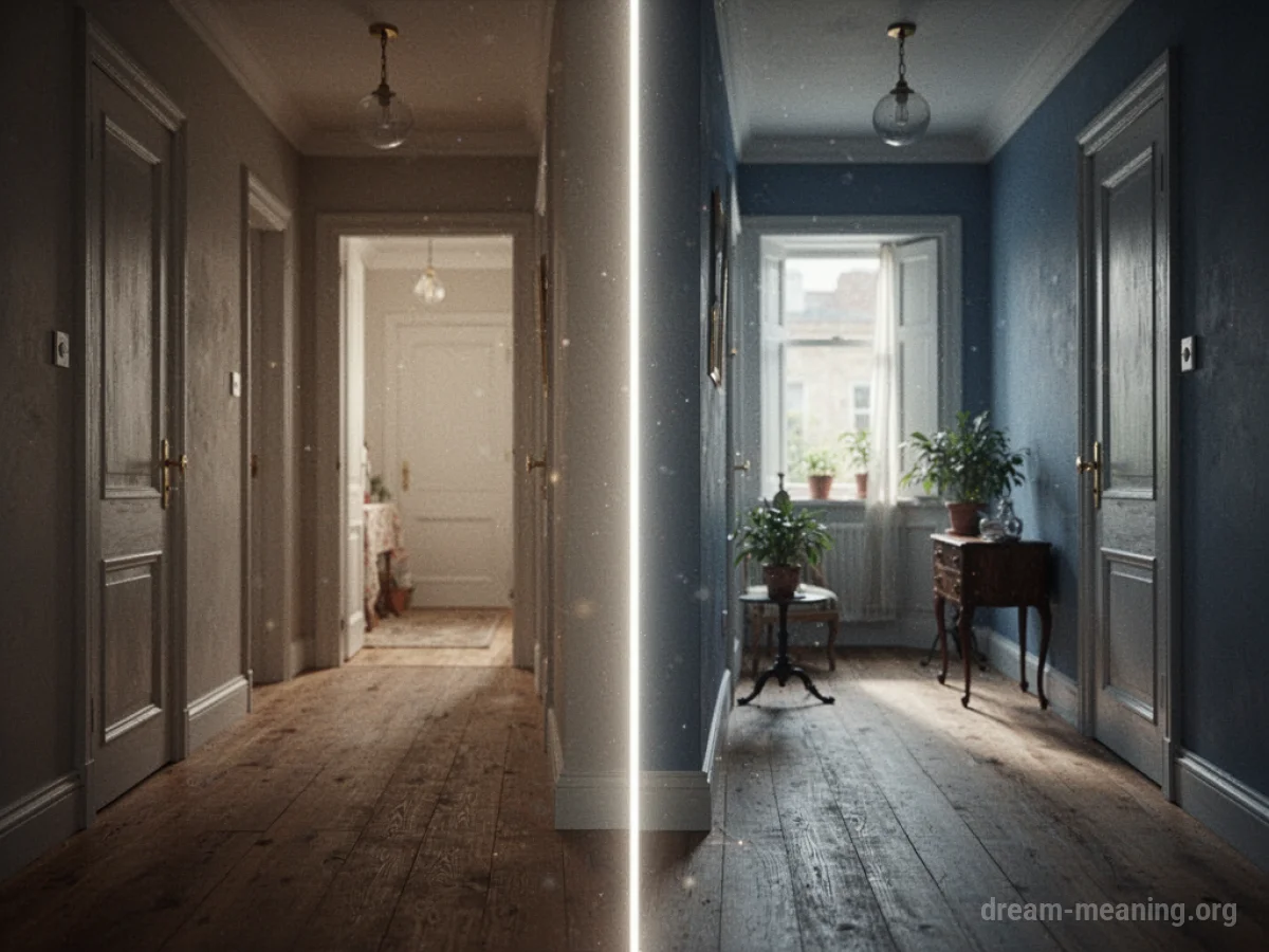 A translucent wall separating a dimly lit hallway from a bright, open room.