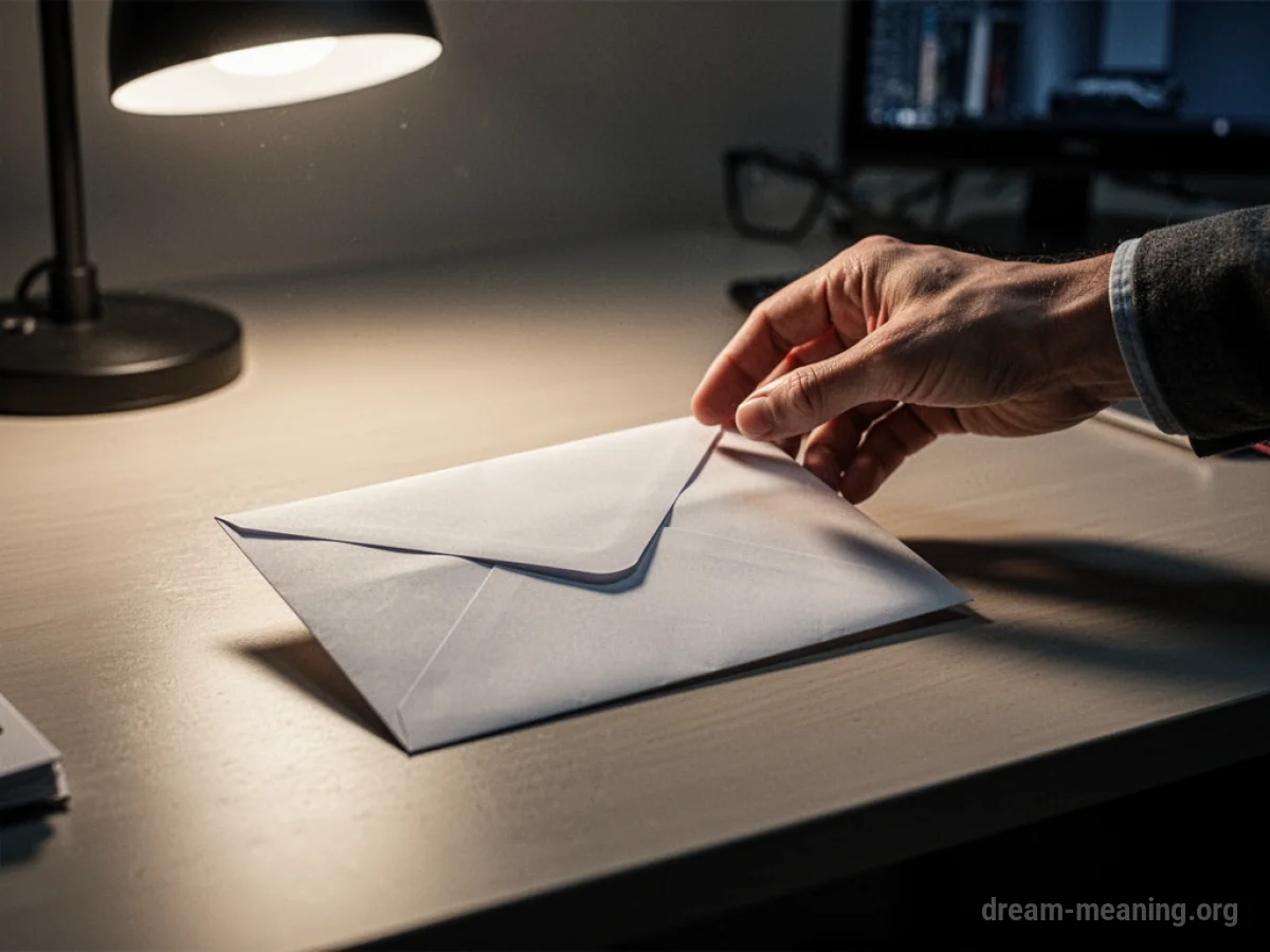 A hand reaching for an envelope on a desk.