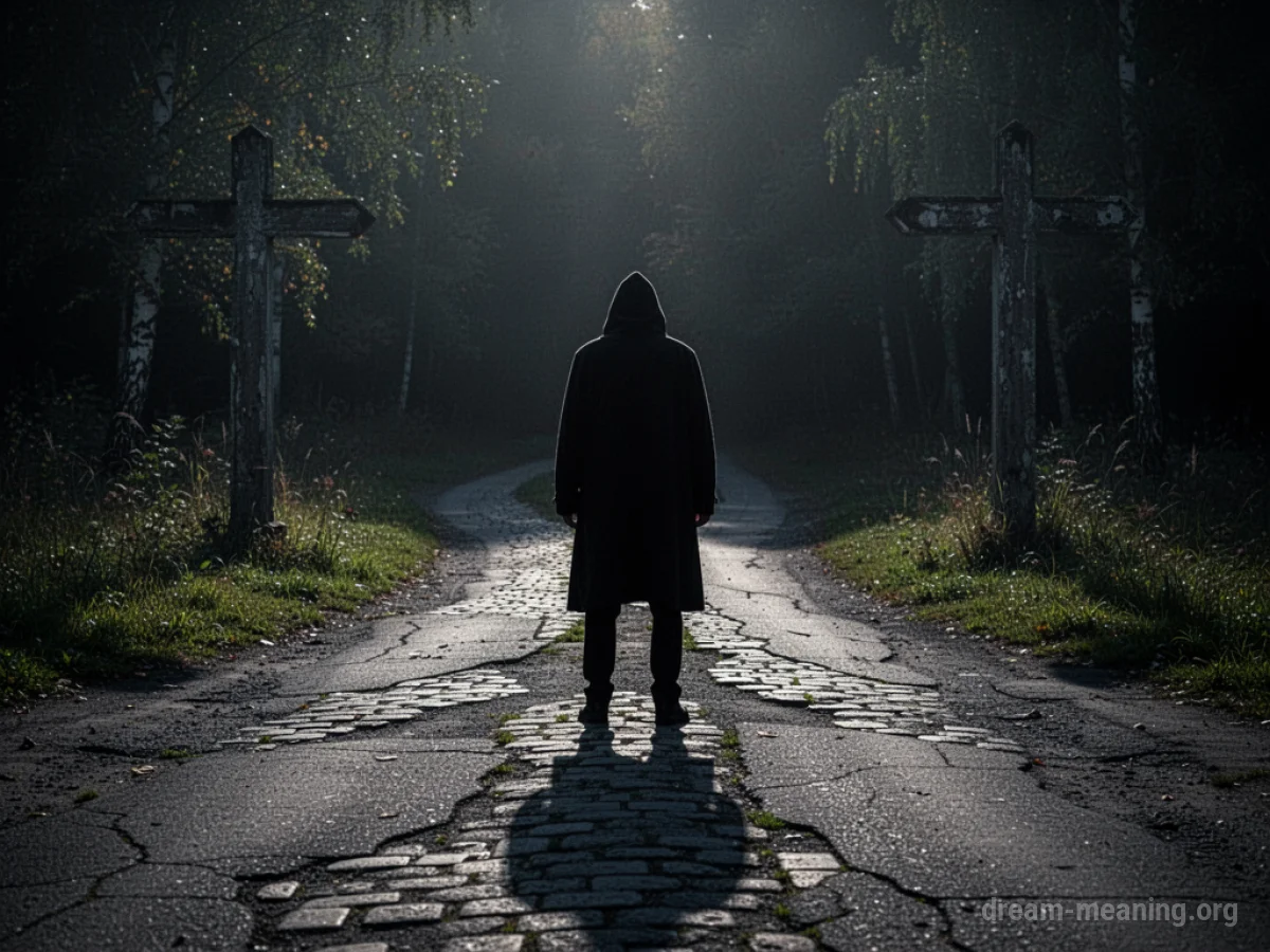 A silhouette of a person at a diverging path, one side dark.
