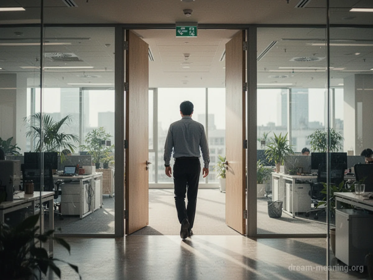 A person stands at the threshold of a bright, modern building entrance.