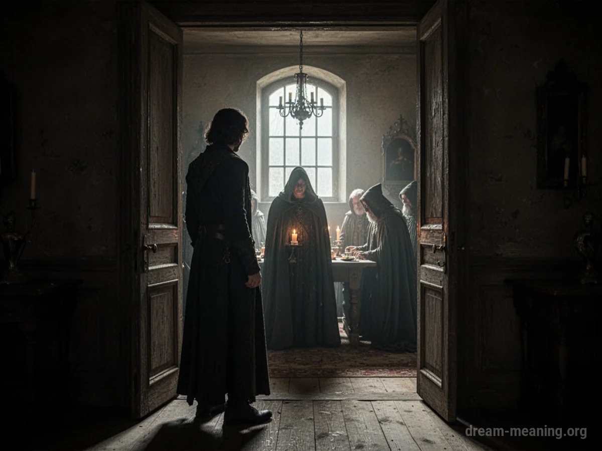 Silhouette of a person at a doorway looking into a room with cloaked figures.