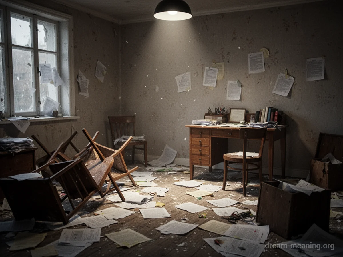 A cluttered room with scattered items and a small organized desk.