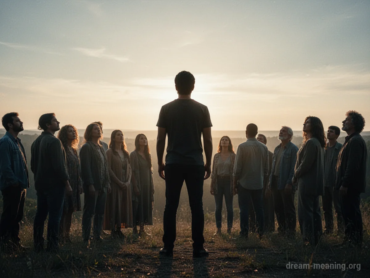 Silhouette of a leader guiding a group towards a bright horizon.