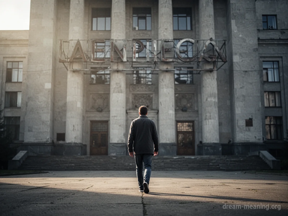 A silhouette of a person walking away from a large, abstract building.