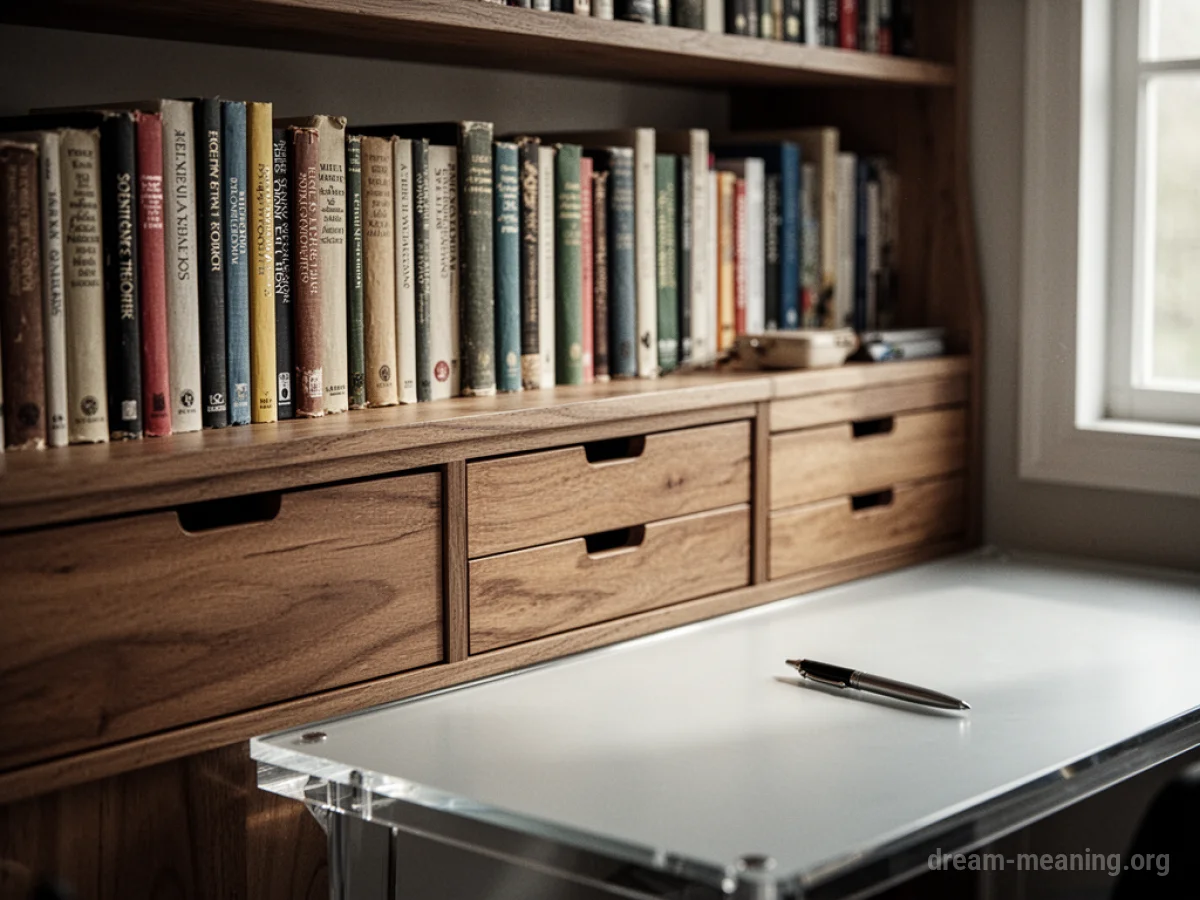 Neatly arranged books, drawers, and a desk.