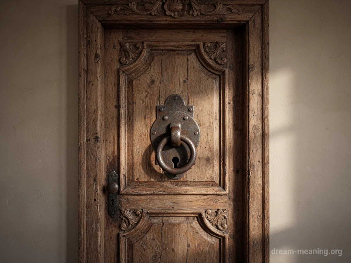 A closed wooden door with a prominent keyhole.