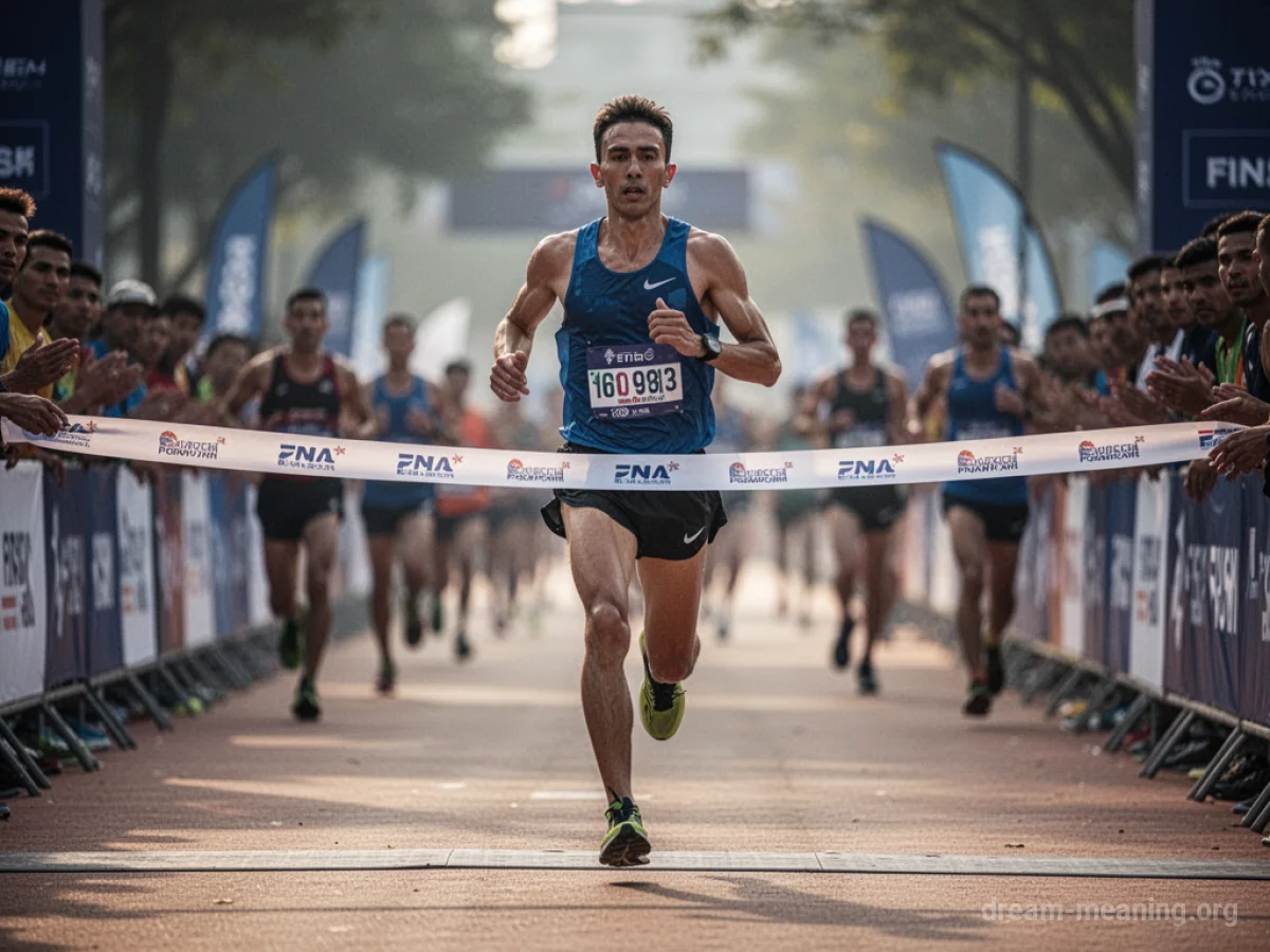 A single runner far behind others at a finish line.