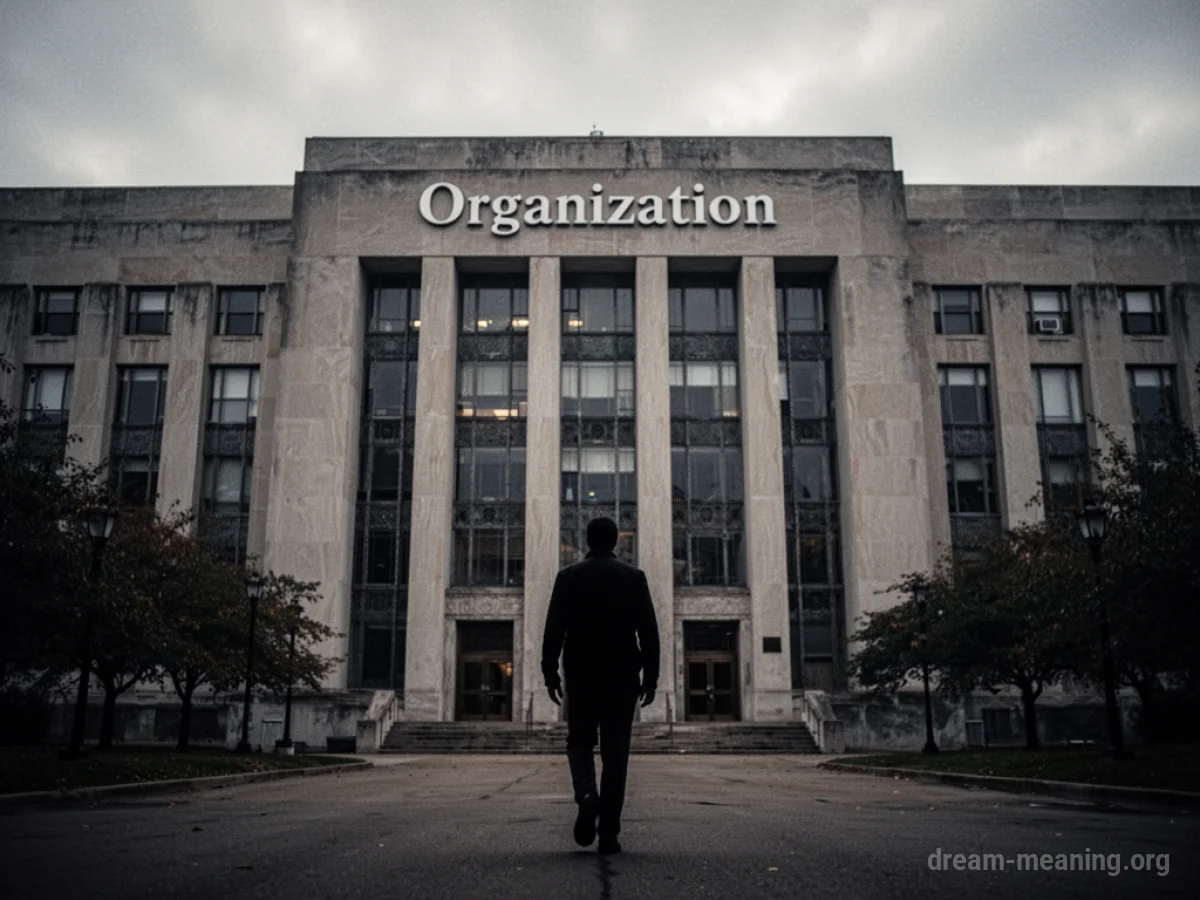 Silhouette of a person leaving a large building.