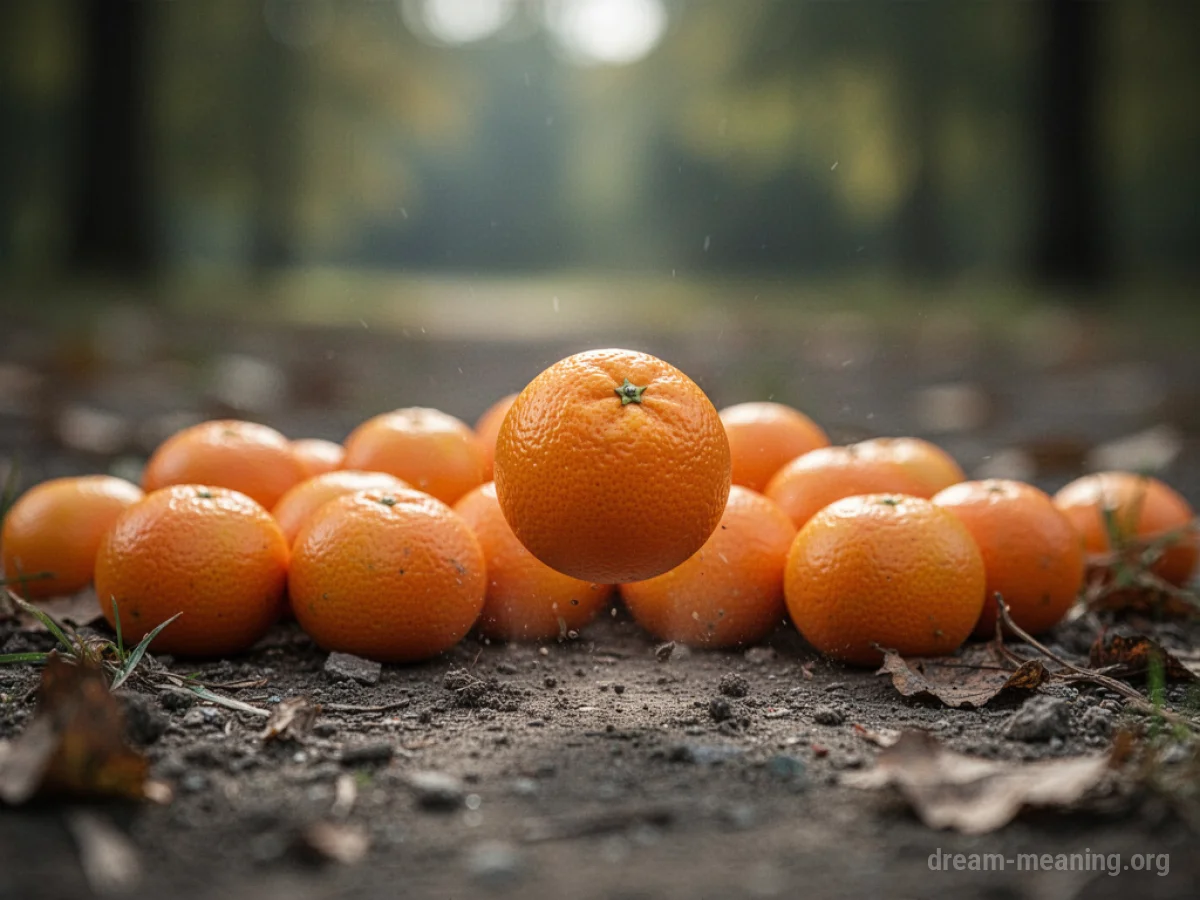An orange rolling away from a group of oranges on the ground.