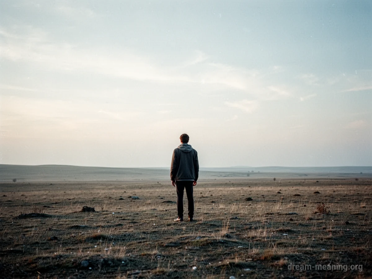 A single person standing alone in a desolate, wide-open field.