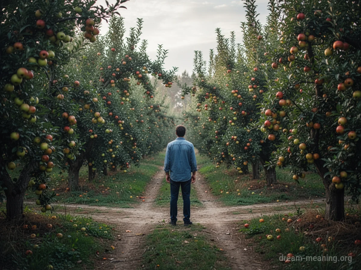 A person stands at a fork in a path surrounded by fruit trees, with no clear way forward.