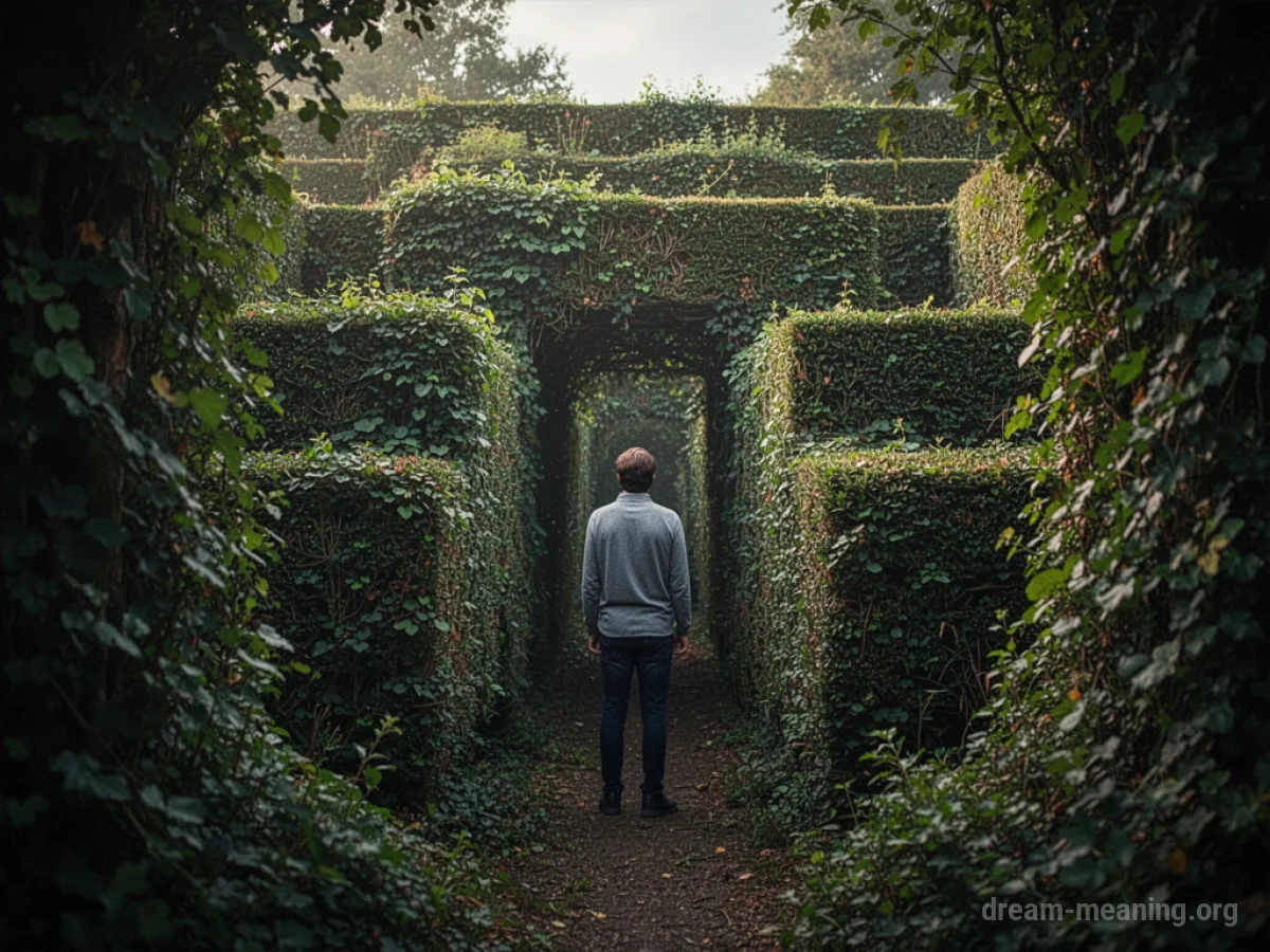 A person facing the entrance of a tall, dense hedge maze.