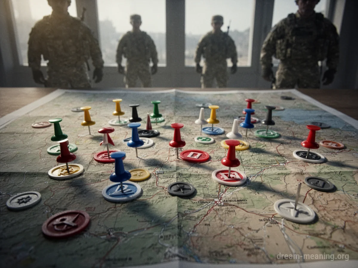 Overhead view of a strategic map with markers and faint background figures.
