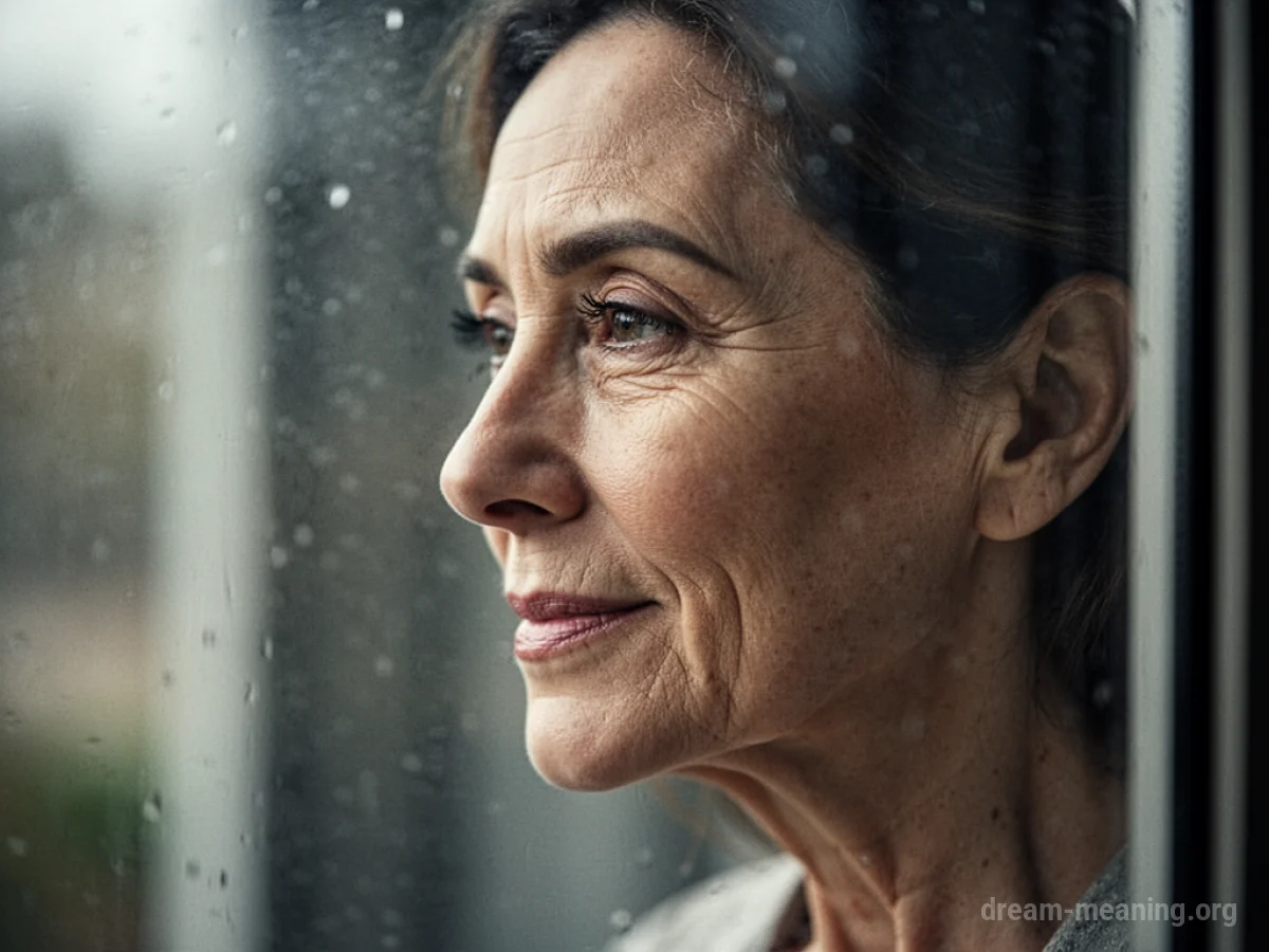 Profile of an aging woman's face partially obscured by a window pane.