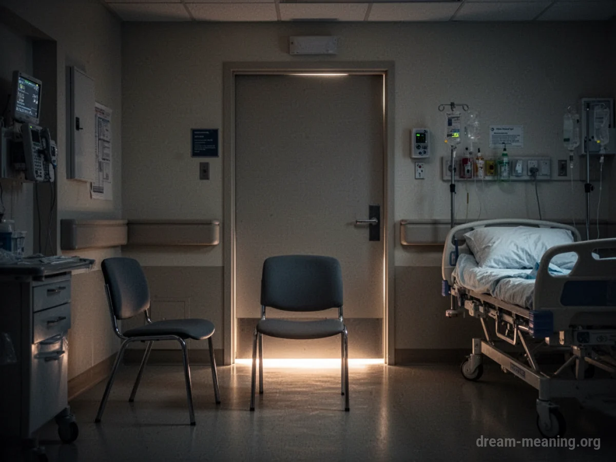 A silhouette of a person sitting in a chair outside a closed door in a dimly lit hallway.