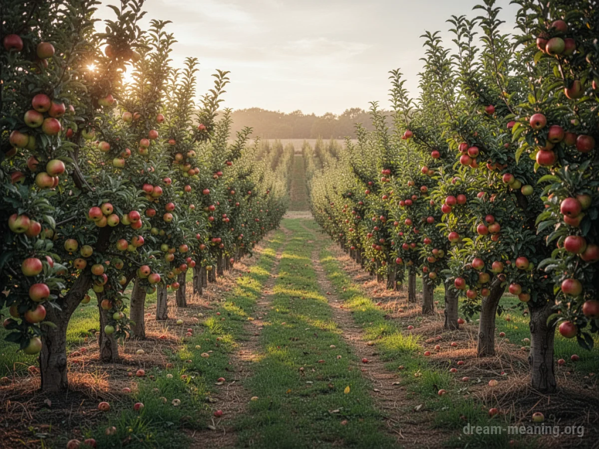 Rows of fruit trees heavy with ripe fruit in a sunny orchard.
