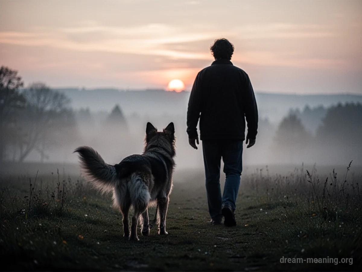 Silhouette of a dog and person walking away into a hazy landscape.