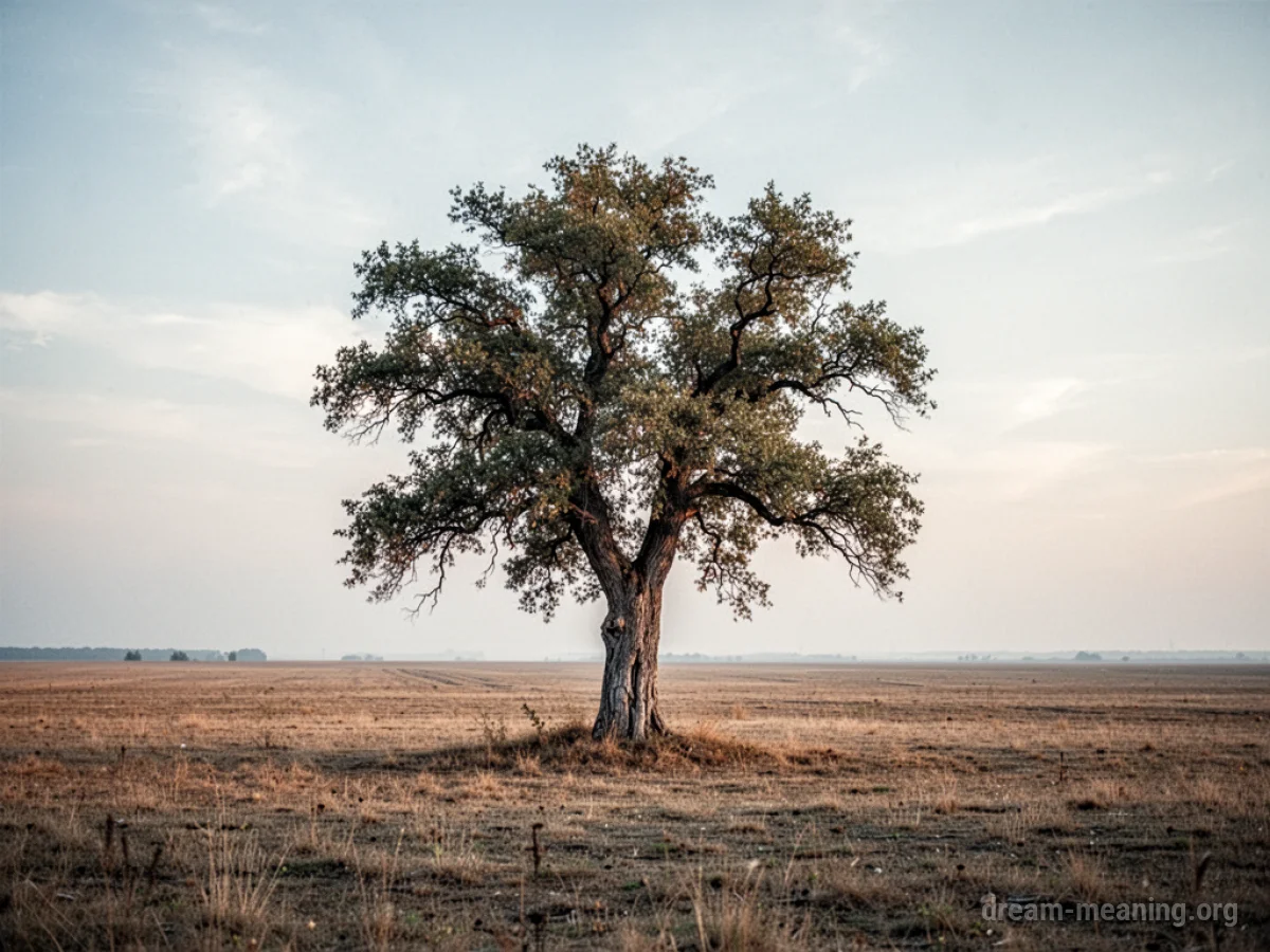 An old, gnarled tree in an empty field.