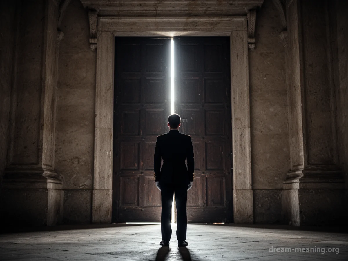 Silhouette of a person standing before a large, dark doorway.