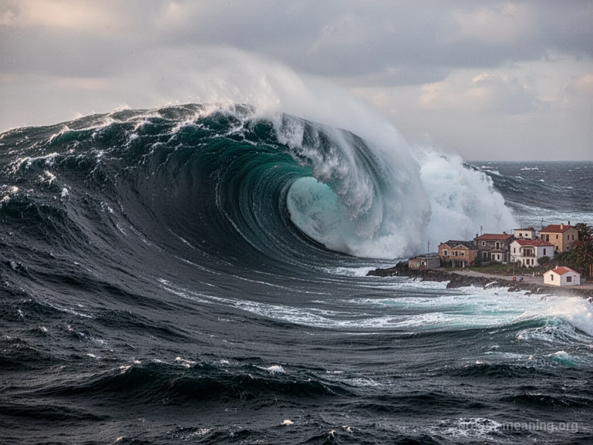 A massive ocean wave covering land.