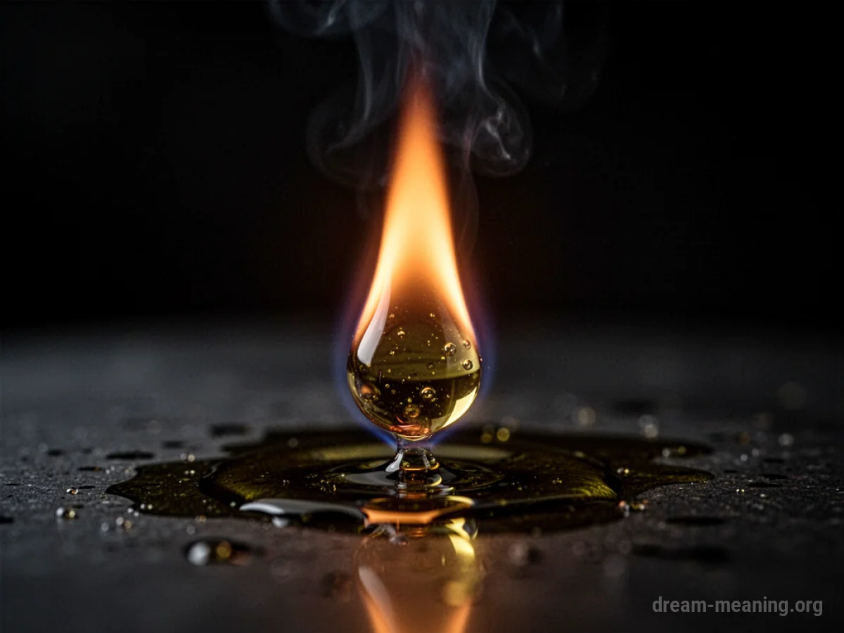 A single drop of oil ignites and burns with a bright flame.