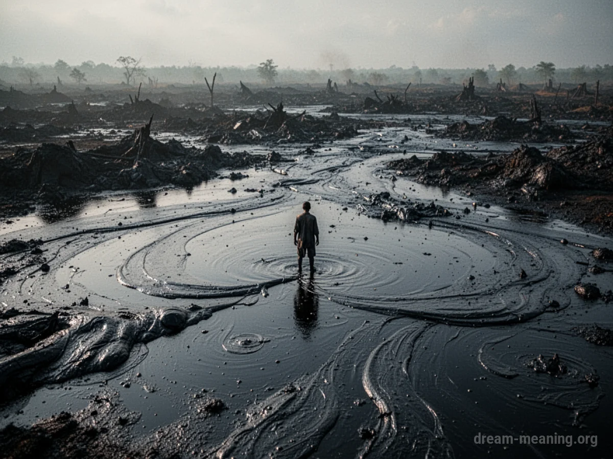 A dark, oily substance covering a wide area with a person standing in the middle.