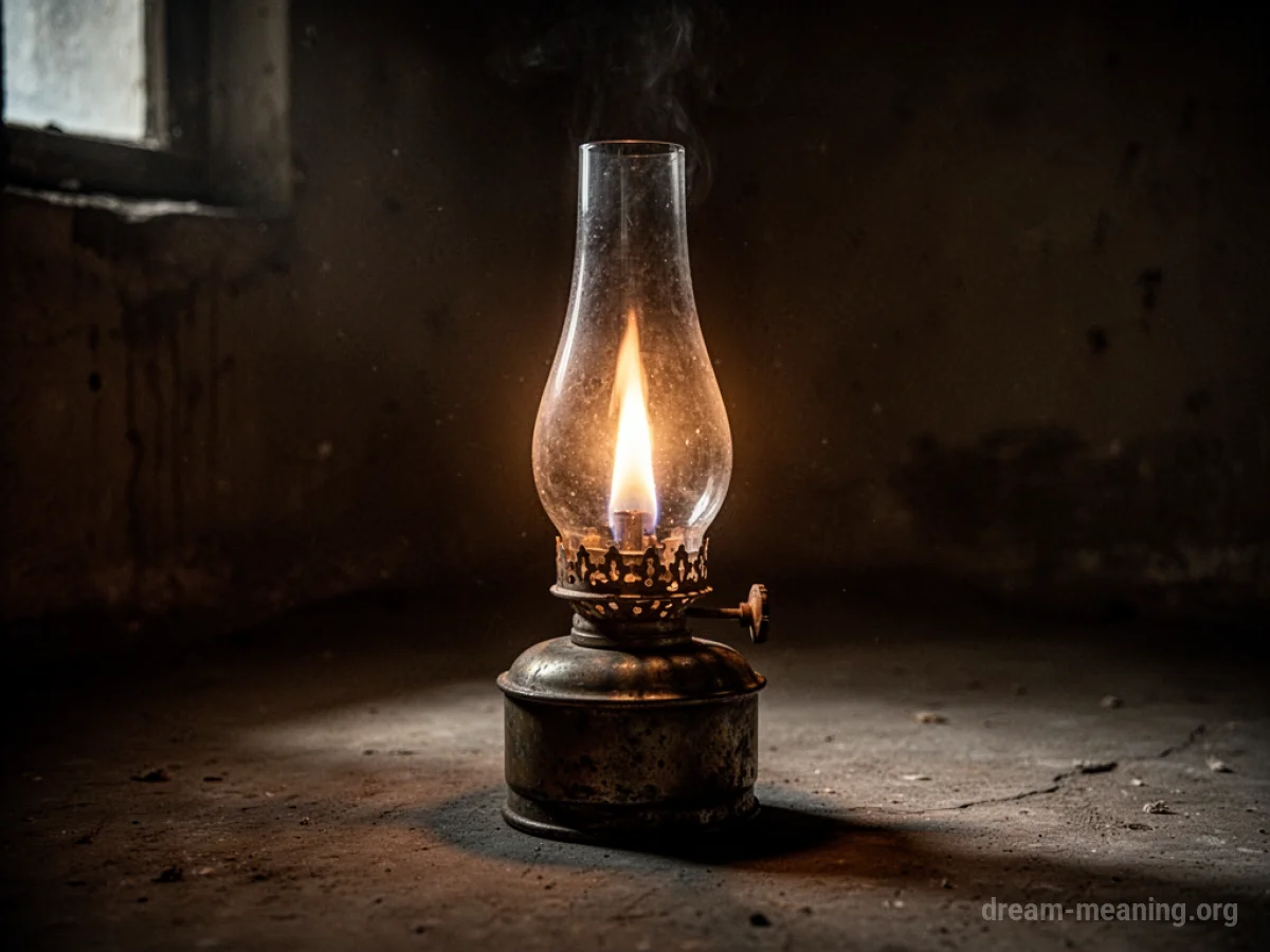 An antique oil lamp emitting a soft light.