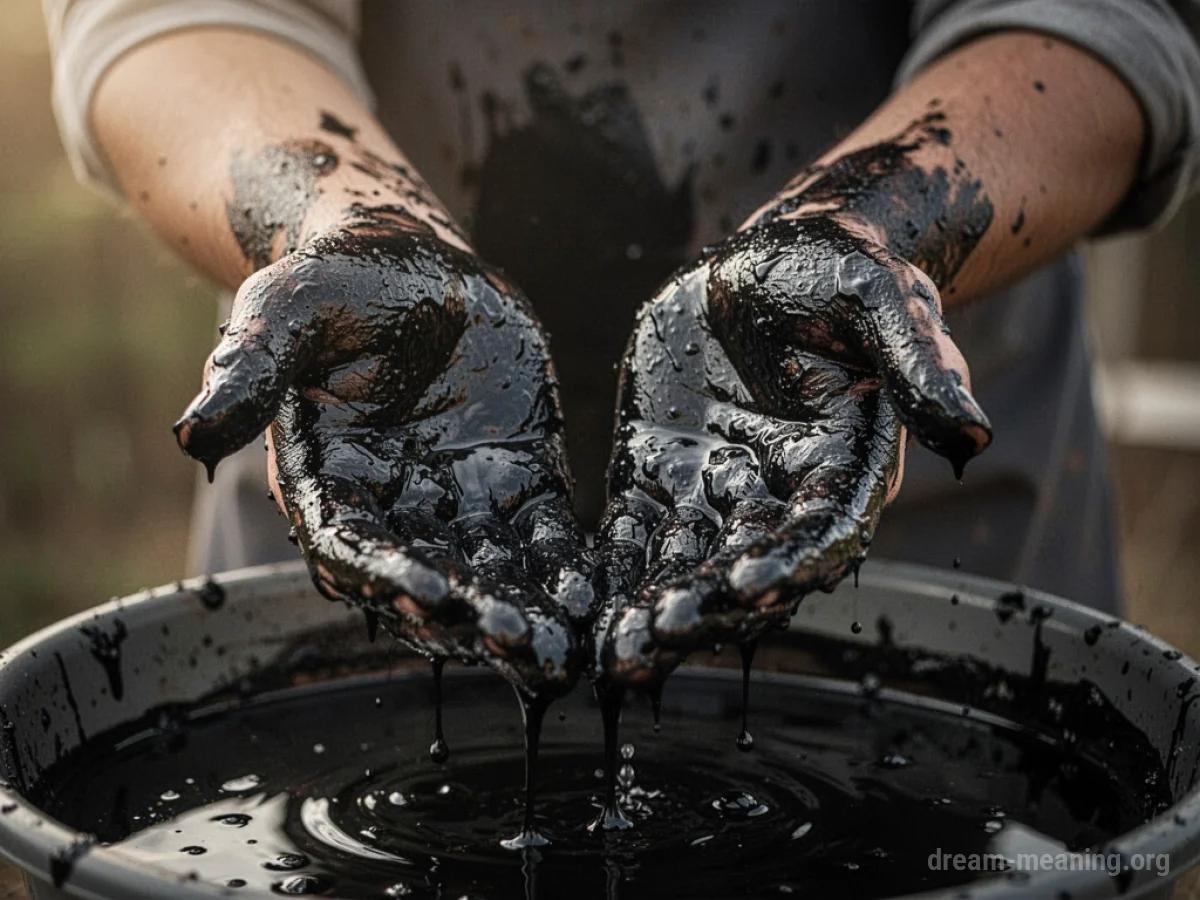 Hands coated in dark, slick oil.