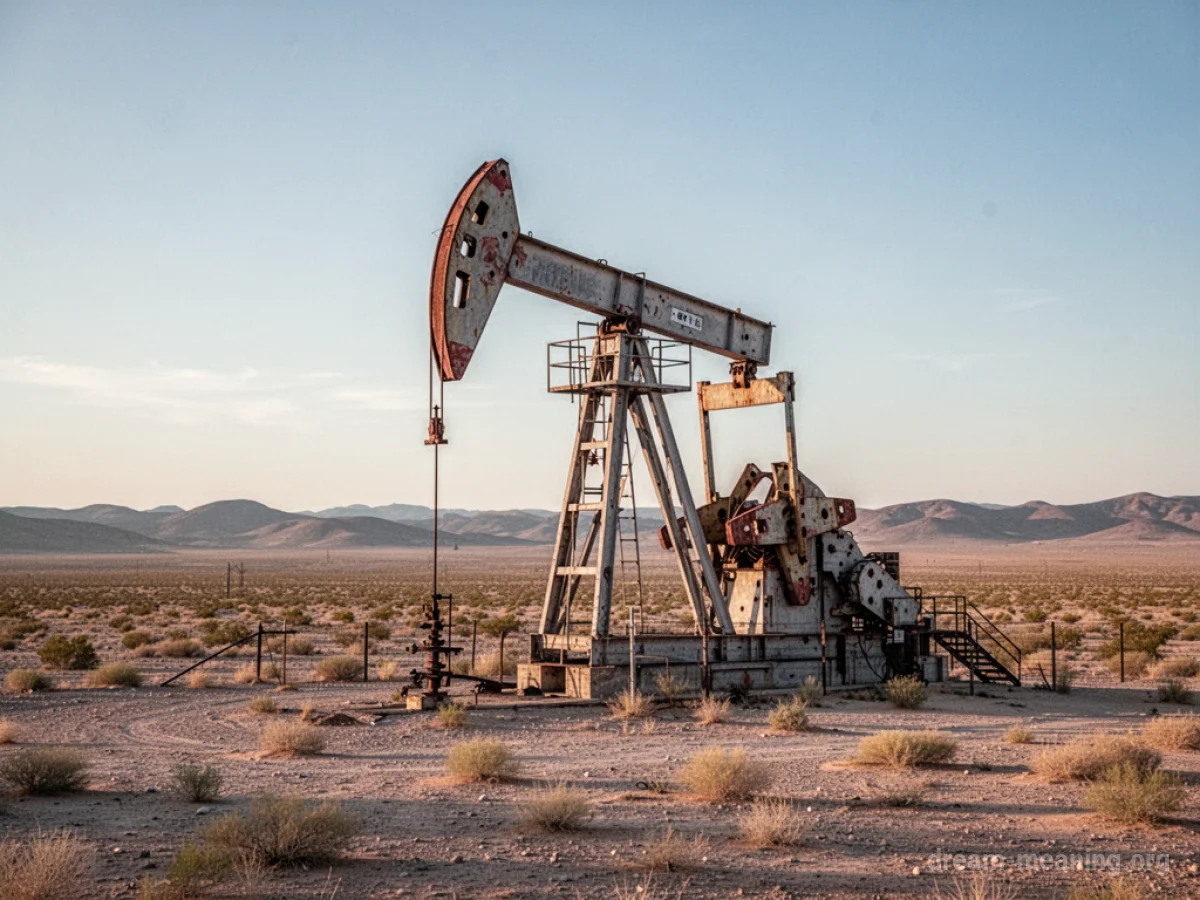 An oil derrick in a wide, open field.