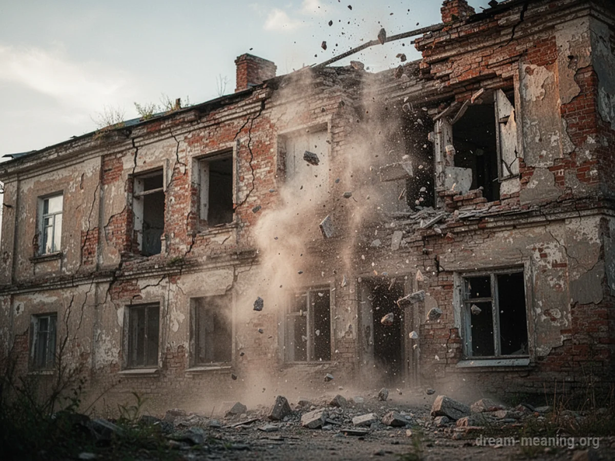 A crumbling old brick building with debris falling.