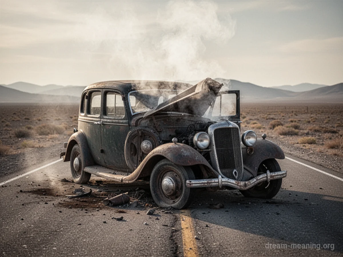 An old, rusty car sitting immobile on a dusty road with smoke coming from the engine.