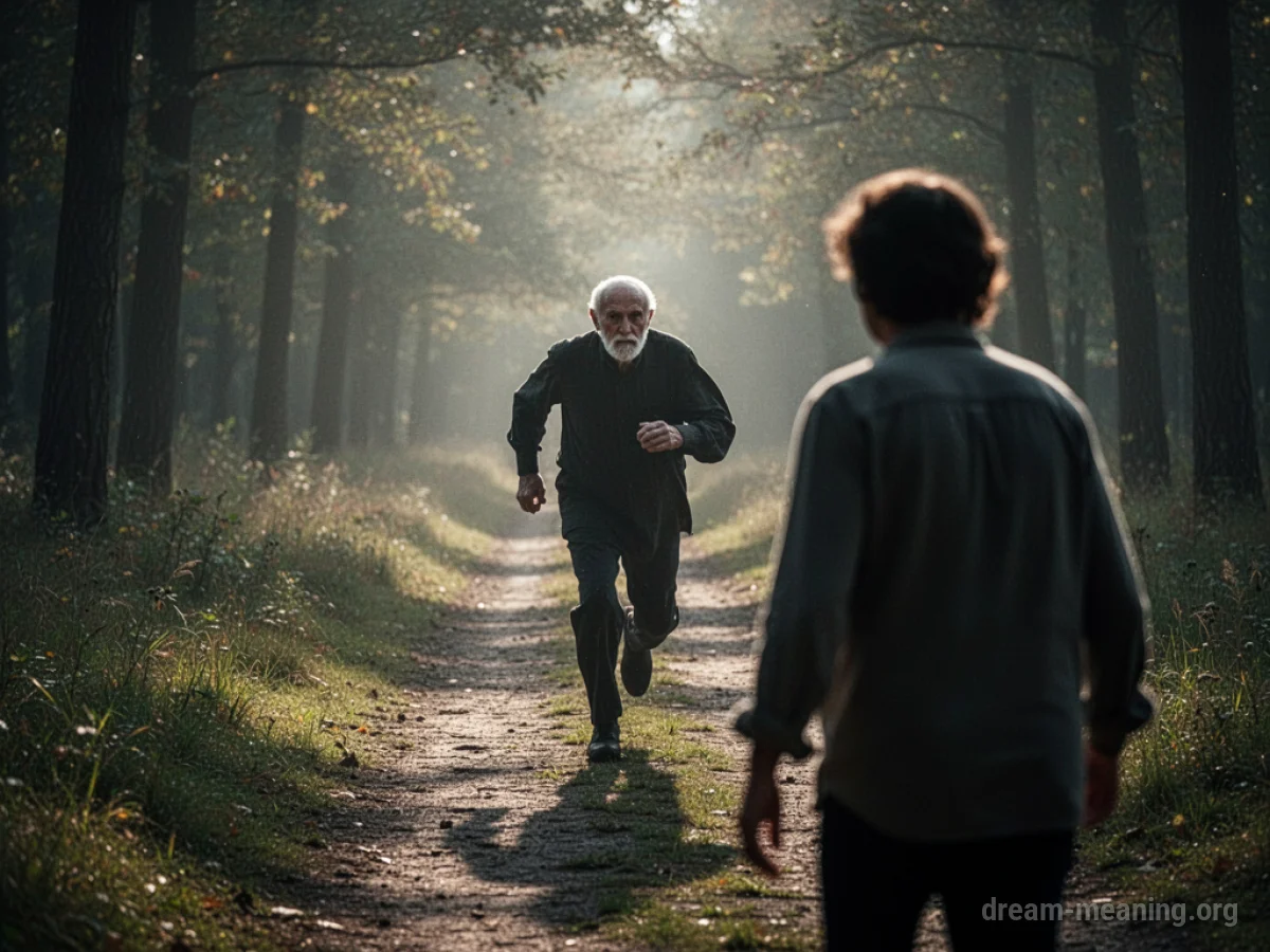 An elderly man running towards a person in the distance.