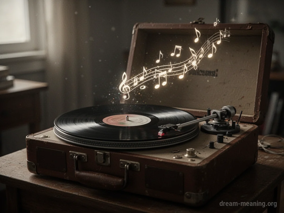 A vintage record player with a vinyl record spinning.