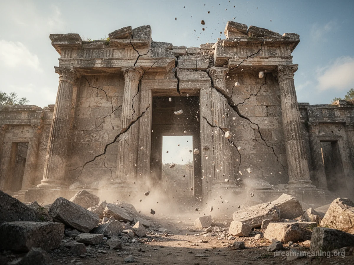 An ancient stone building with large cracks and crumbling sections.