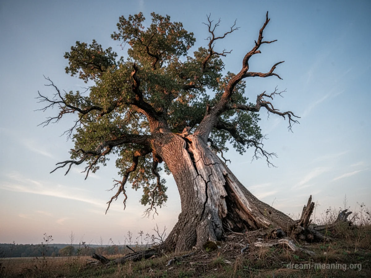 An old, gnarled tree with large cracks in its trunk starting to tip over.