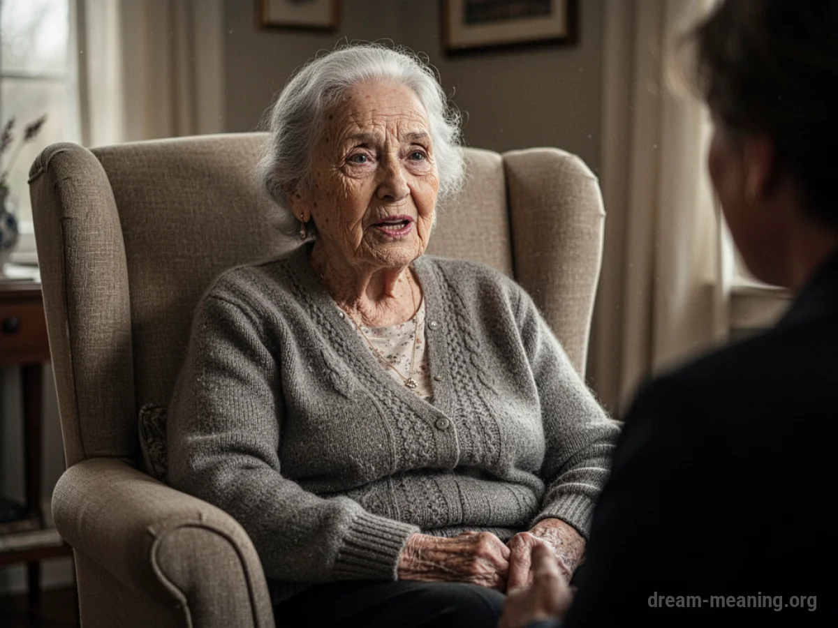 An elderly woman with gray hair and glasses gestures with her hands as she speaks.