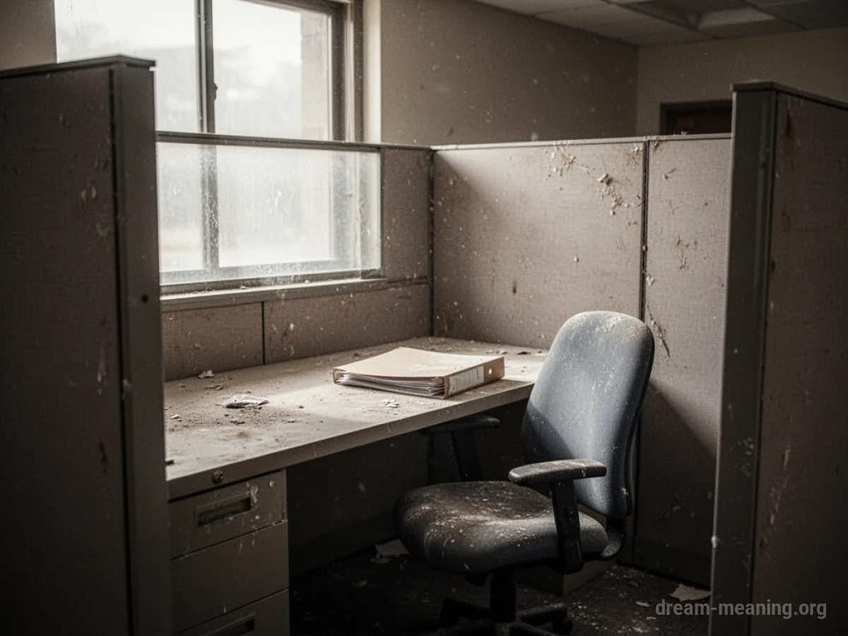 An empty office cubicle with a desk and chair.