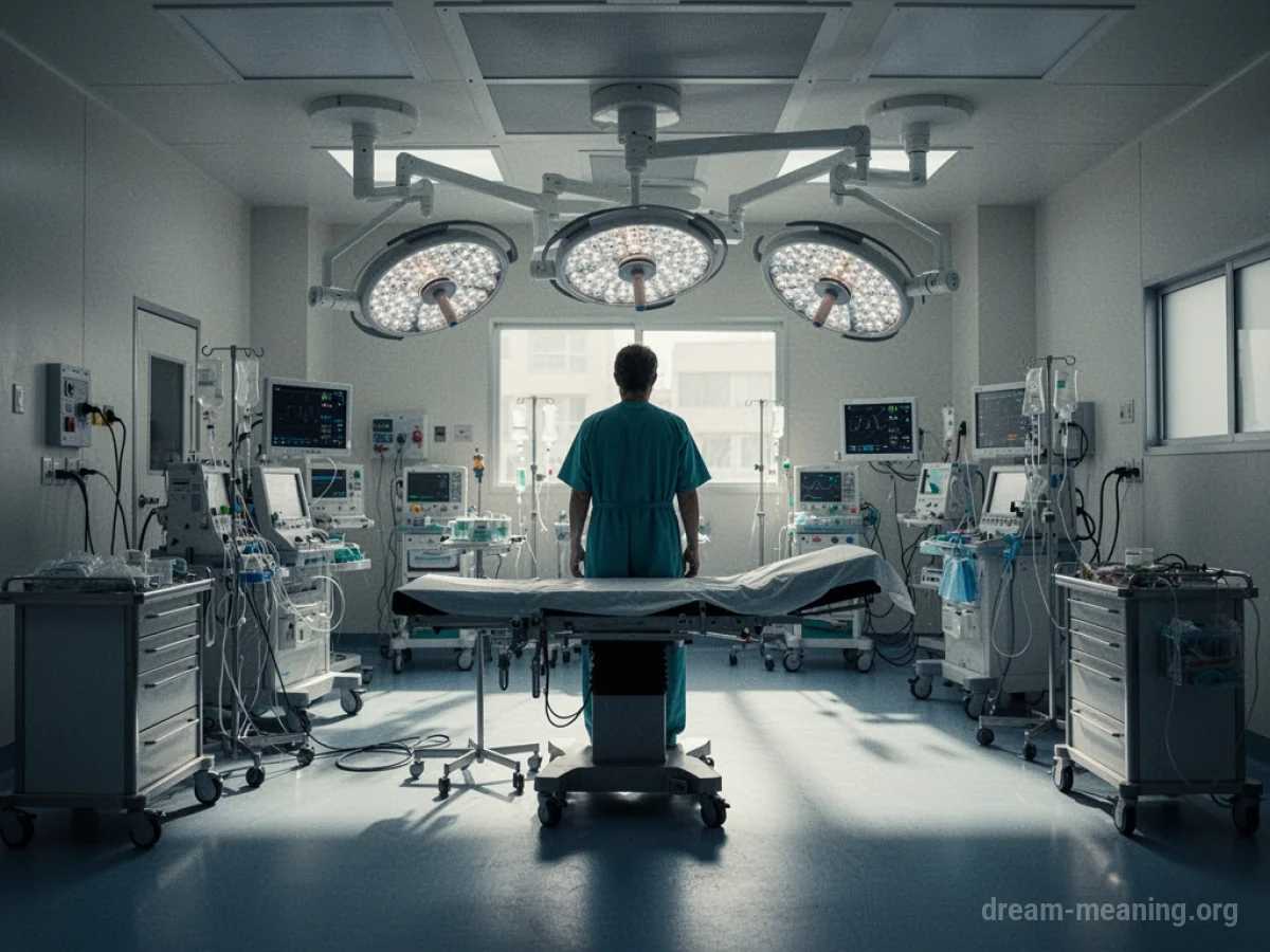 An empty, sterile operating room with bright overhead lights.