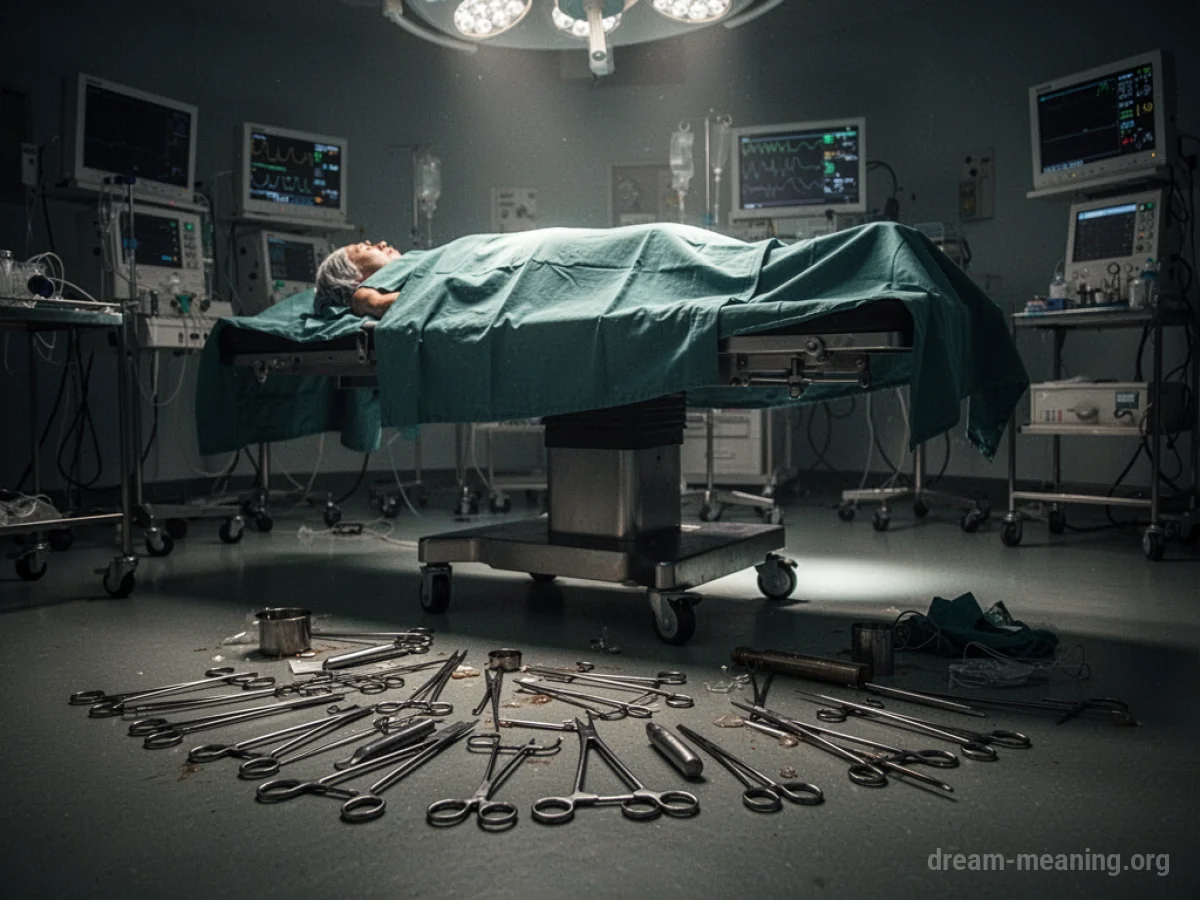 A dark operating room with scattered surgical tools.