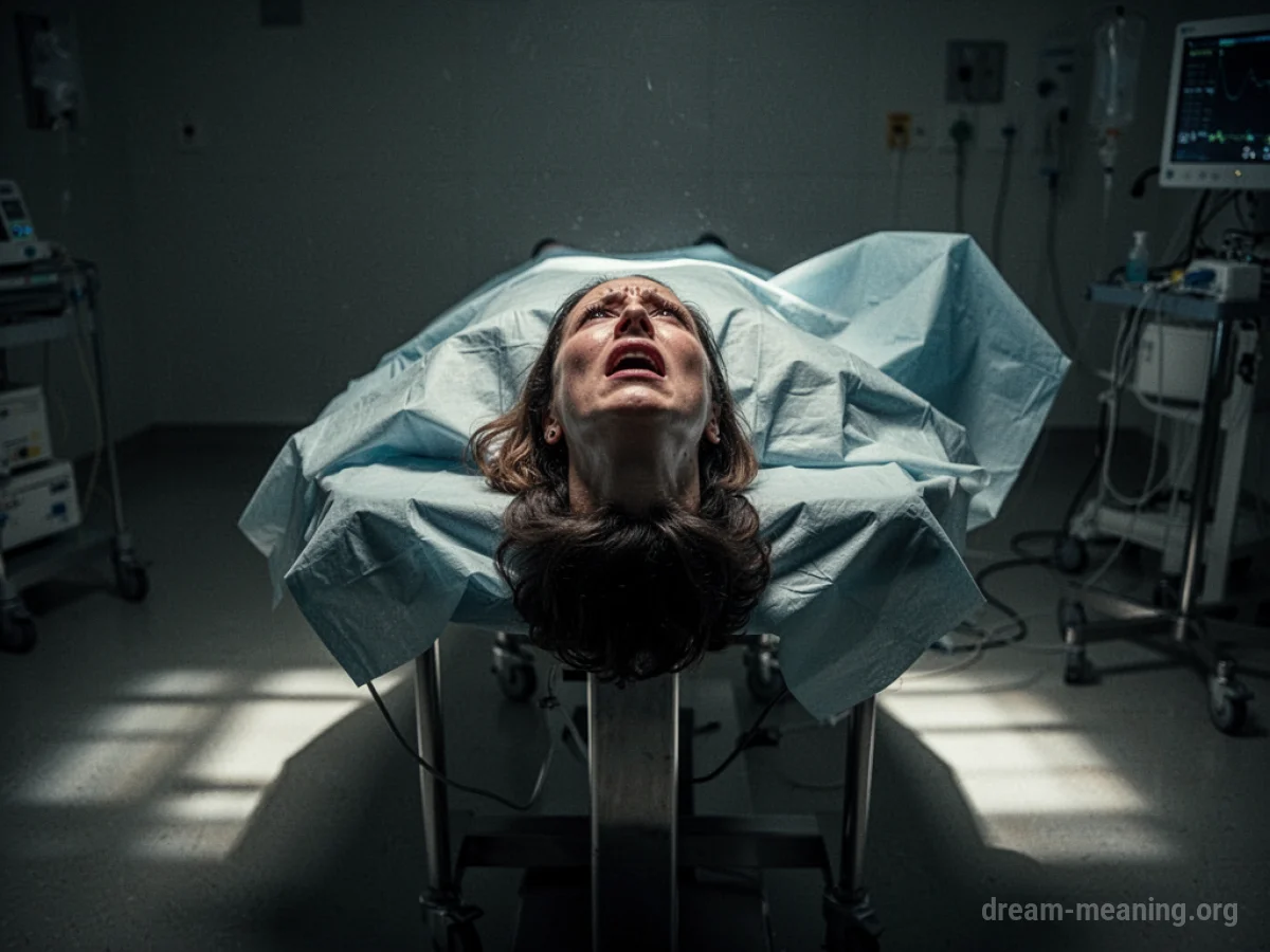 Person on an operating table looking distressed in a dimly lit room.