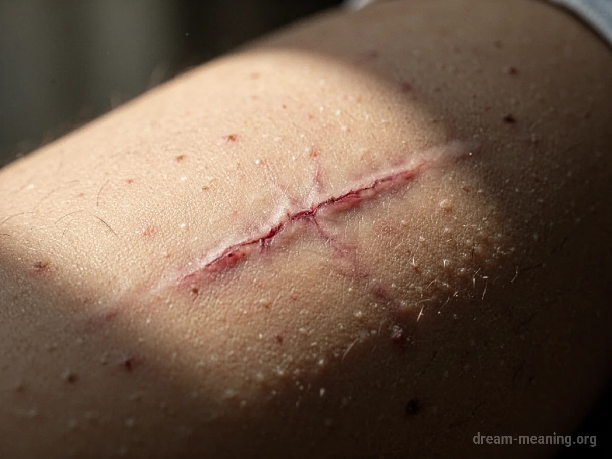 A close-up view of a thin scar on skin.